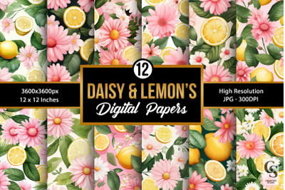 Pink Daisy Flowers &amp; Lemon&#039;s Seamless Patterns