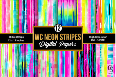 Watercolor Neon Stripes Digital Papers