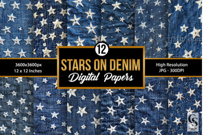 White Embroidered Stars on Denim Seamless Patterns