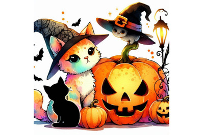 Halloween holiday little cat witch and pumpkin. Watercolor illustra