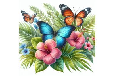 Tropical leaves, flowers and butterfly