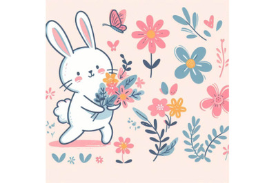 Funny bunny and flowers illustration