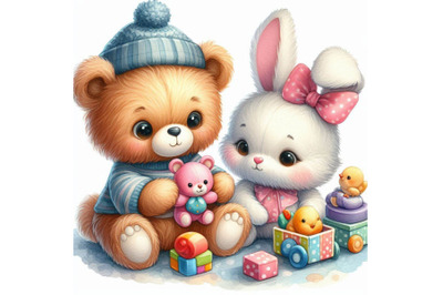 Cute toy bear and toy bunny illustration