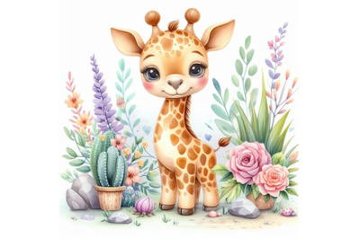 Watercolor Giraffe illustration. Cute giraffe