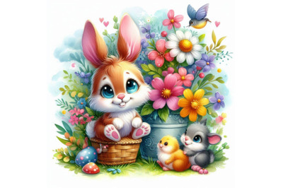 Funny bunny and flowers illustration