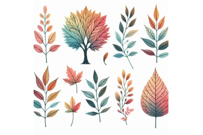 Watercolor Autumn forest leaves set