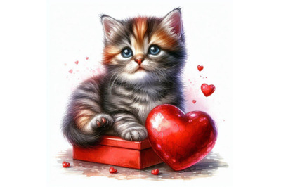 Kitten. Cyte kitten and Valentines day heart