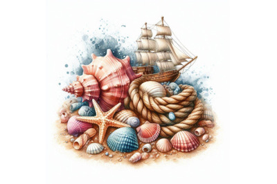 Seashell and sea ship rope with sea sand