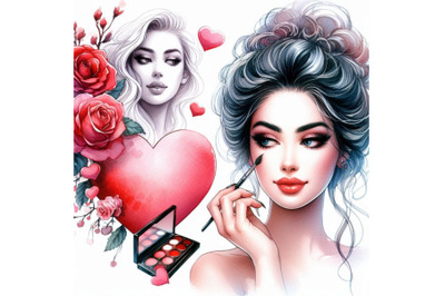 Valentine day heart and beautiful woman watercolor