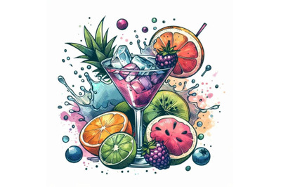 Cocktail fruit, ice and a splash. Hand drawn