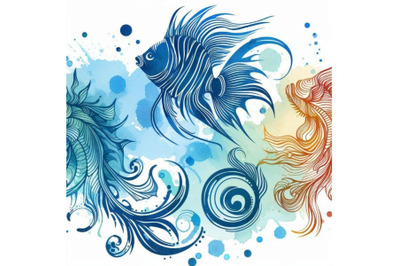 Sea fish watercolor illustration and blue bru