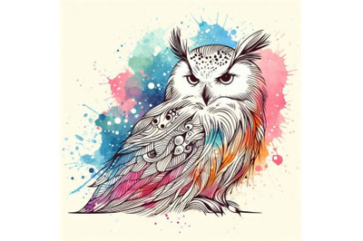 Snowy owl illustration with splash watercol