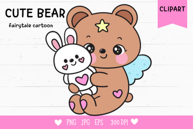 Bear hug bunny rabbit doll bedtime cartoon kawaii clipart