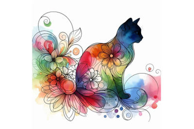 Cat. Watercolor cat. Flower watercolor bac