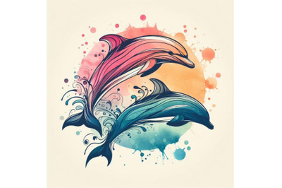 Dolphin illustration with splash watercolor t