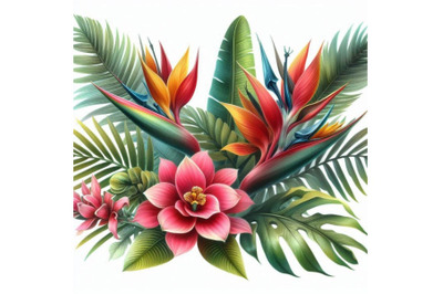 Tropical flowers, leaves. watercolor