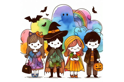 Watercolor cute kids in colorful halloween