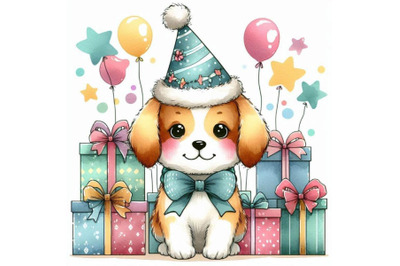 Dog year greeting card. cute puppy waterc