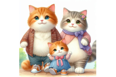 Watercolor cat family illustration