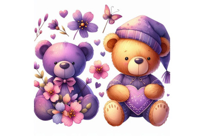 Toy Teddy bear and flower violet. watercolo