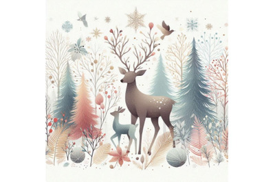 Forest deer watercolor illustration. Christm