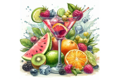 Cocktail fruit&2C; ice and a splash. Hand drawn watercolor illust