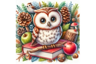 Owl. cute owl. watercolor forest bird. school books illustratio