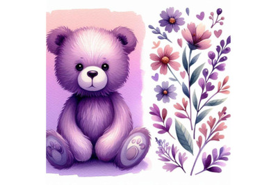 Cute teddy bear and flower violet backgro