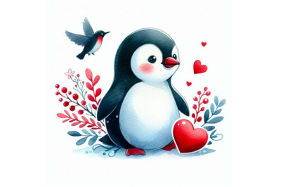 Valentine day penguin, red heart. watercolo