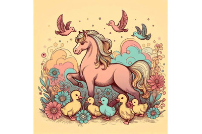 Horse and and ducklings. background with