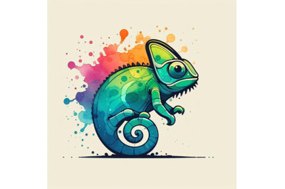 Funny chameleon with watercolor splash te