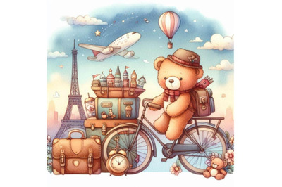 Teddy bear travel and bicycle. watercolor il