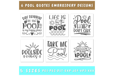 Pool Embroidery Designs Bundle - 6 Designs, Pool Quotes Embroidery