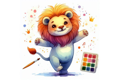 Funny lion watercolor hand drawn illustrati