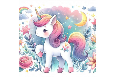 Cute cartoon unicorn watercolor illustration