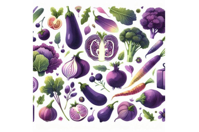 Purple fruits and vegetables. Watercolor ha