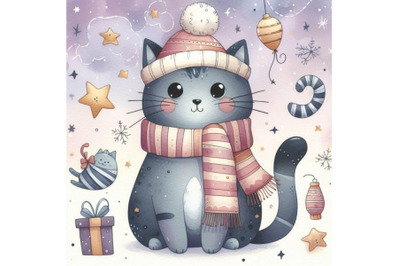 Cute cat. Watercolor funny cat and Christm