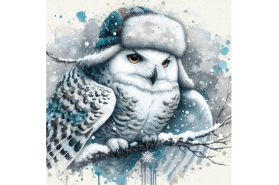 Snowy owl illustration with splash watercolor textured backg