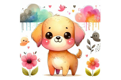 Cute little dog hand-drawn watercolor illust