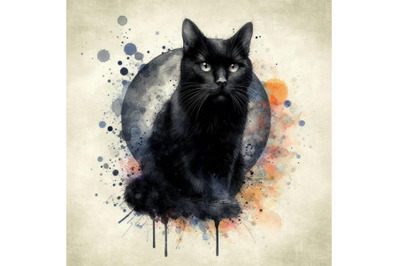 Black cat illustration with splash watercolor textured backgr