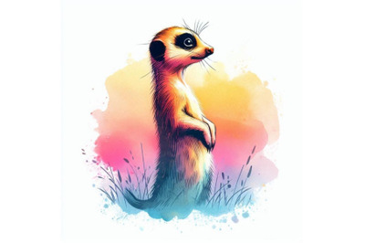 Funny meerkat, watercolor background. fa