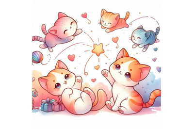 Cute kittens. playing cats watercolor illustra