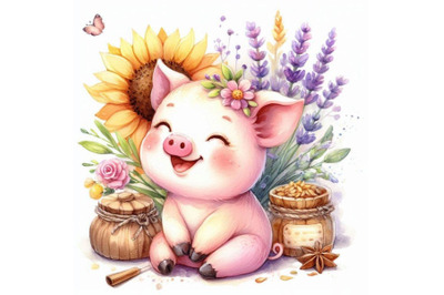 Cute pig watercolor illustration