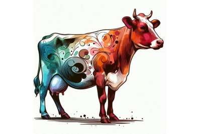 Cow. Cow watercolor illustration. Milking C