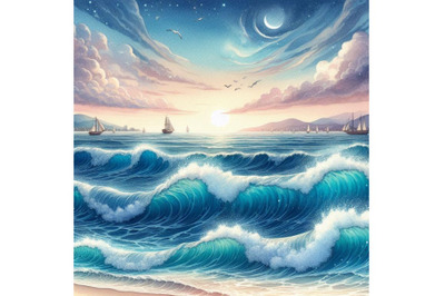 Sea wave watercolor illustration