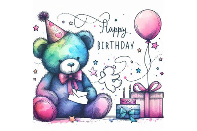 Teddy bear. Birthday card.watercolor illustr