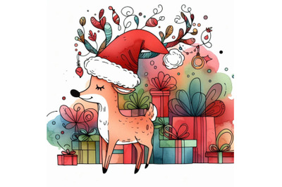 Funny deer Santa Claus. watercolor illustration