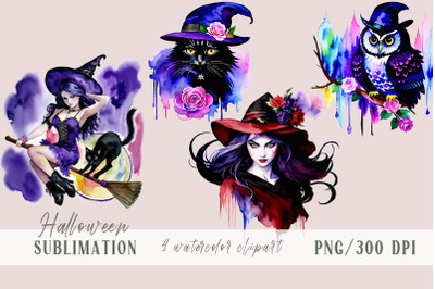 Cute watercolor witch&2C; owl&2C; cat Halloween sublimation- 4 png