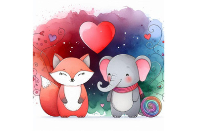 Cute animal and Valentine red heart. watercolor