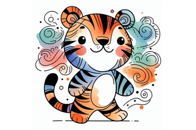 Funny tiger watercolor hand drawn illustration